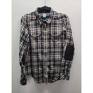 Kavu Flannel Shirt Womens Small Black White Plaid Elbow Patches Long Sleeve